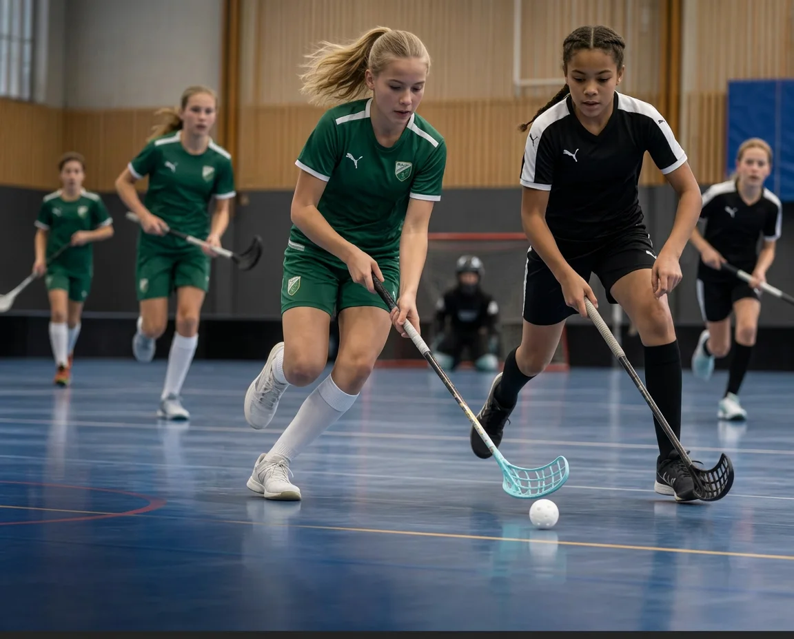 Flickor i gröna och svarta matchställ spelar innebandy i en sporthall