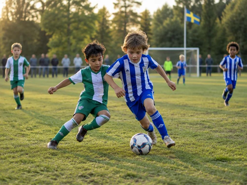 Sjuåriga pojkar i IFK Göteborgs blåvita och Hammarbys grönvita matchställ duellerar om bollen