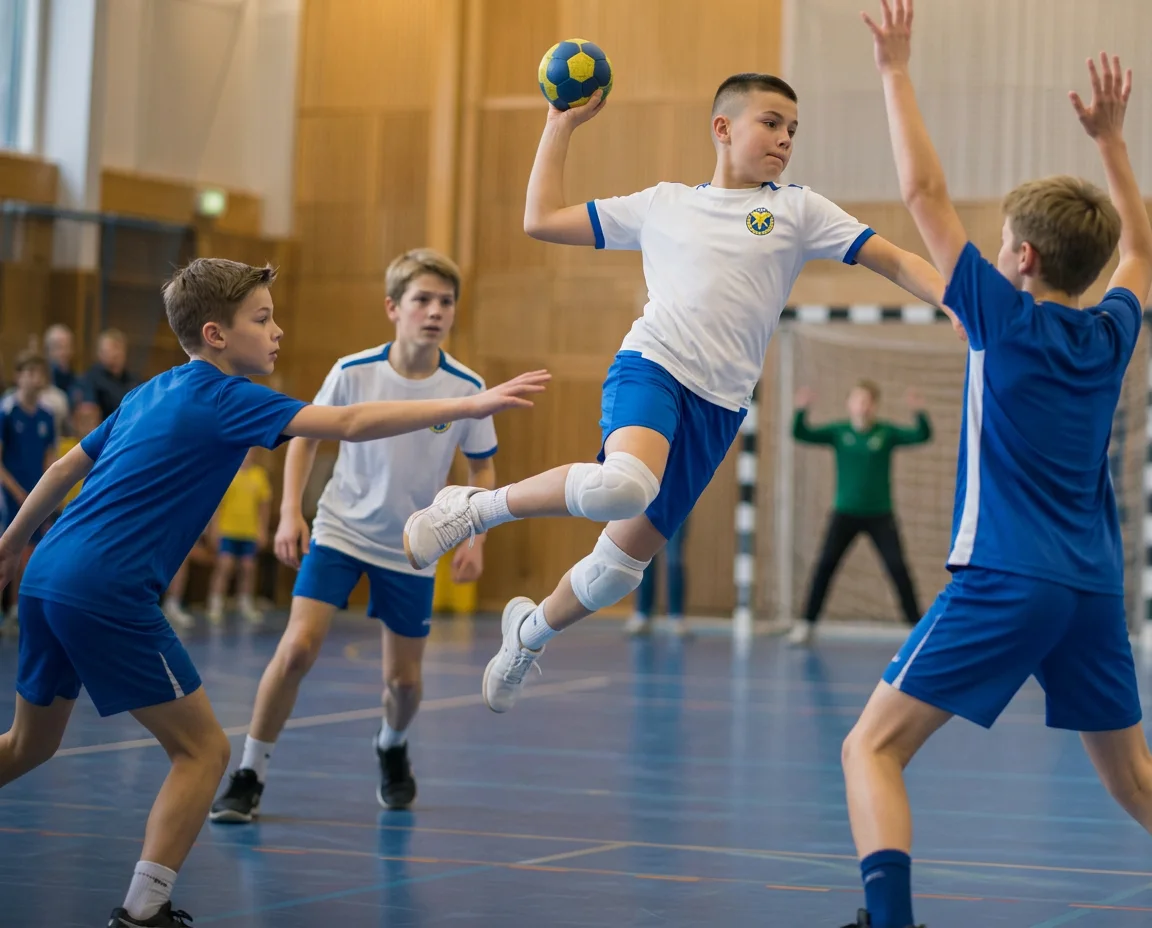 Pojkar i vita och blå matchställ spelar handboll och en spelare hoppar för att skjuta